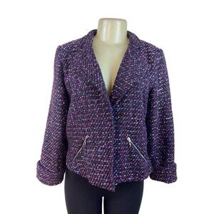 Chico’s Purple Tweed Zip-Front Cropped Jacket With Notched Collar Sz 1
